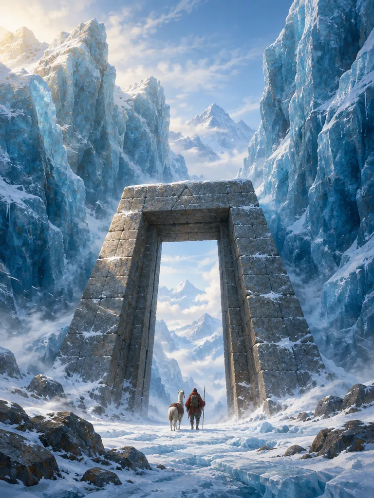 The Glacier Gate: gerbang batu trapesium setengah terkubur gletser biru, seorang pelancong dan llama di ambangnya.