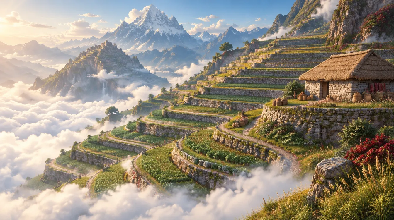 The Cloud Terraces: ratusan teras hijau turun ke lautan awan, lumbung batu beratap jerami di satu tepian.