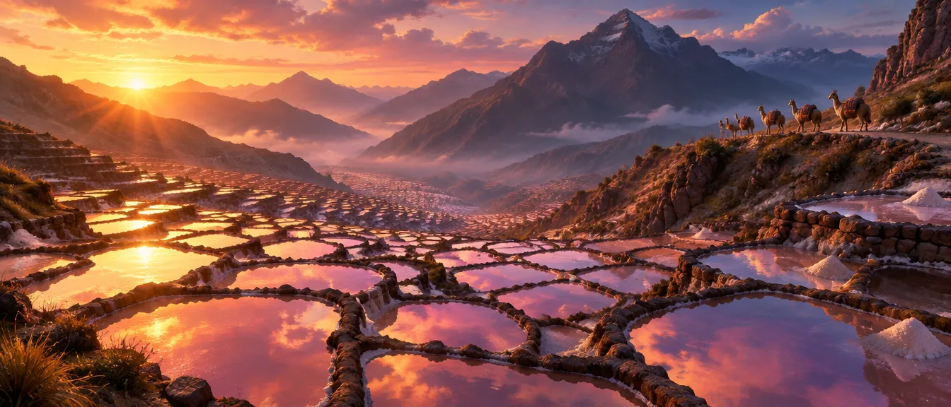 Salt Pans of Maras saat matahari terbenam: ribuan kolam garam memantulkan emas dan merah muda, kafilah llama kecil di punggungan.
